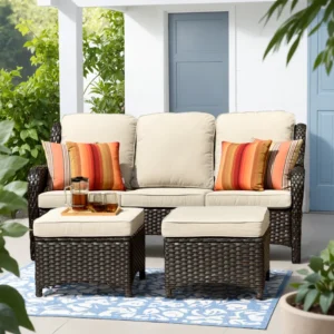 Set Sofa Rotan Sintetis 3 Dudukan dengan Ottoman