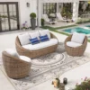 Set Sofa Rotan Sintetis 5 Seater dengan Bantalan Putih
