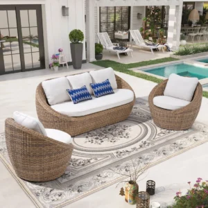 Set Sofa Rotan Sintetis 5 Seater dengan Bantalan Putih
