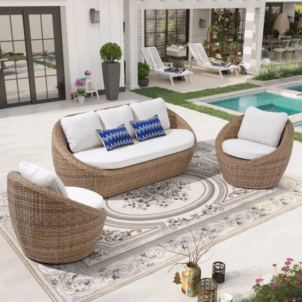 Set Sofa Rotan Sintetis 5 Seater dengan Bantalan Putih