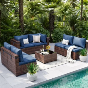 Set Sofa Teras Rotan Sintetis 6 Seater dengan Meja Kaca