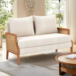 Sofa Loveseat Kayu & Rotan dengan Bantalan Putih