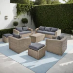 Sofa Rotan Sintetis Outdoor Modern dengan Meja Kopi & Ottoman